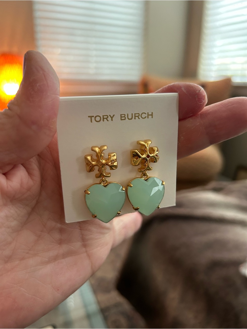 Tory Burch Roxanne Gold Floral Top Earrings with Mint Heart Drops NWT